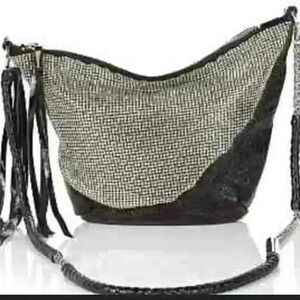 Metallic Silver & Black Purse Hobo Bag Chain Strap & Tassel Detail
